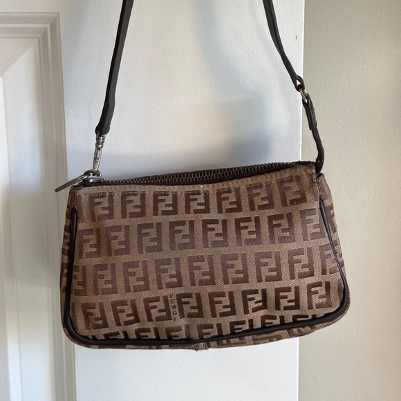 FENDI Hand Bag Tote FF Zucchino Pouch Purse Canvas Leather Brown Authentic - Picture 15 of 17